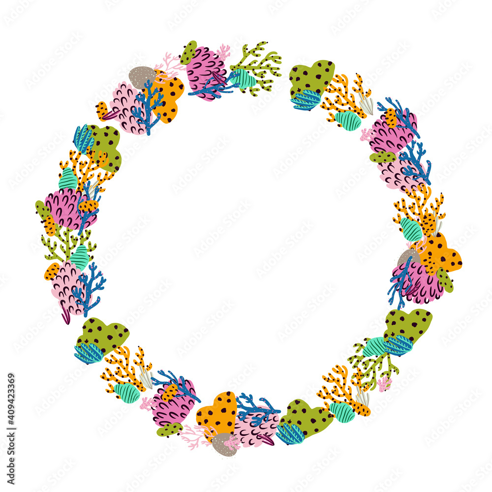 Abstract frame made of flowers, corals and branches. Marine plants. Vector wreath.