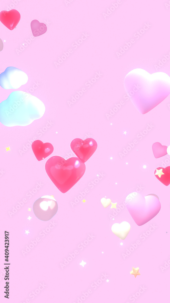 Happy Valentine's pink heart sky. 3d rendering picture. (vertical)