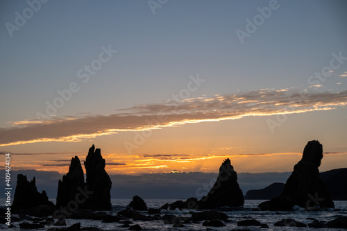 Silhouette of Hashigui-iwa Rocks at dawn in Kushimoto City  Wakayama Prefecture  Japan