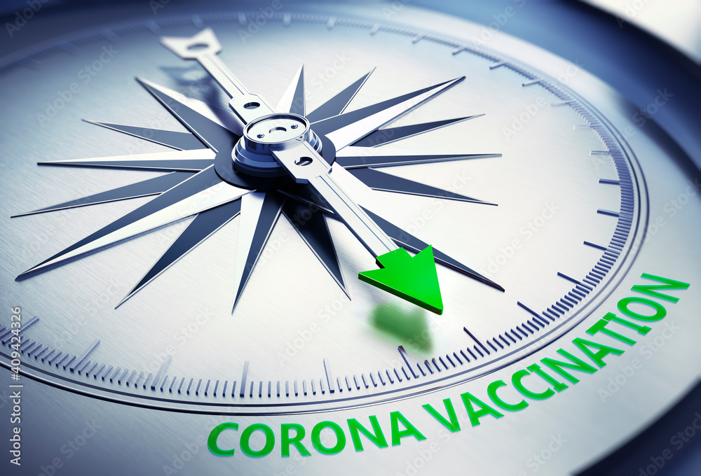 Silver and green compass with needle pointing to the words corona vaccination - 3D illustration
Silver and green compass with needle pointing to the words corona vaccination - 3D illustration