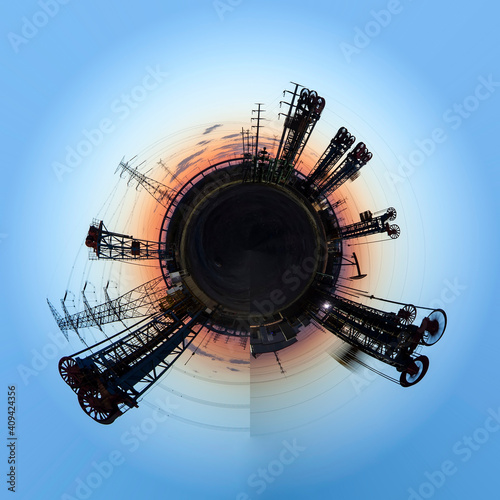 A 360-degree view of the oil field at night  oil pumps at night  in the evening  oil pumps are running  360-degree panorama