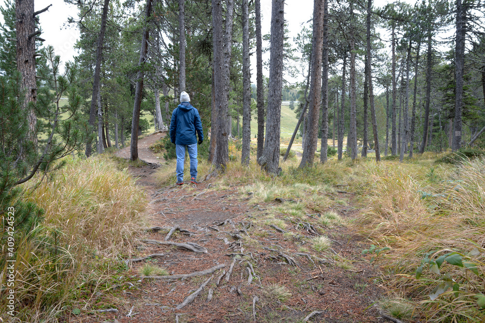 homme sur un chemin de randonnée en montagne - Alpes Suisse en automne homme sur un chemin de randonnée en montagne - Alpes Suisse en automne