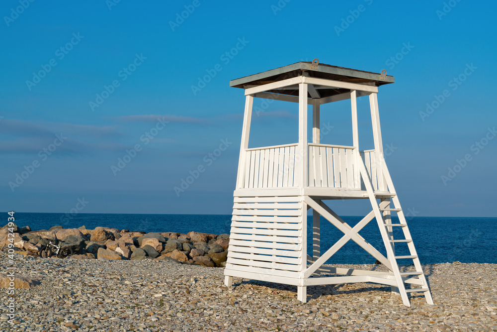 lifeguard tower on the beach. Nebug, Krasnodar Territory.