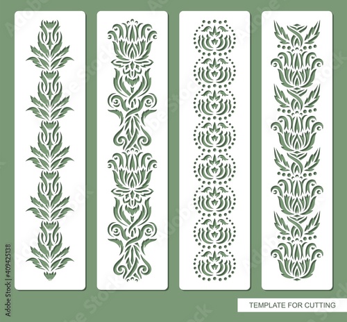 Set of decorative seamless borders with floral patterns. Repeating pattern of leaves, flowers, dots. Luxurious vintage style. Natural theme. Vector template for plotter laser cutting (cnc) of paper.