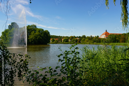 Der “Breite Teich“  und das städtische Gymnasium in der Stadt Borna, Landkreis Leipzig, Sachsen, Deutschland photo