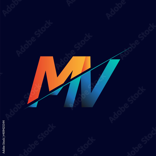 MV initial logo company name colored blue and orange, Simple and Modern Logo Design.