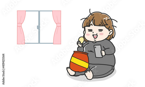 在宅自粛生活で太った女性のイラスト