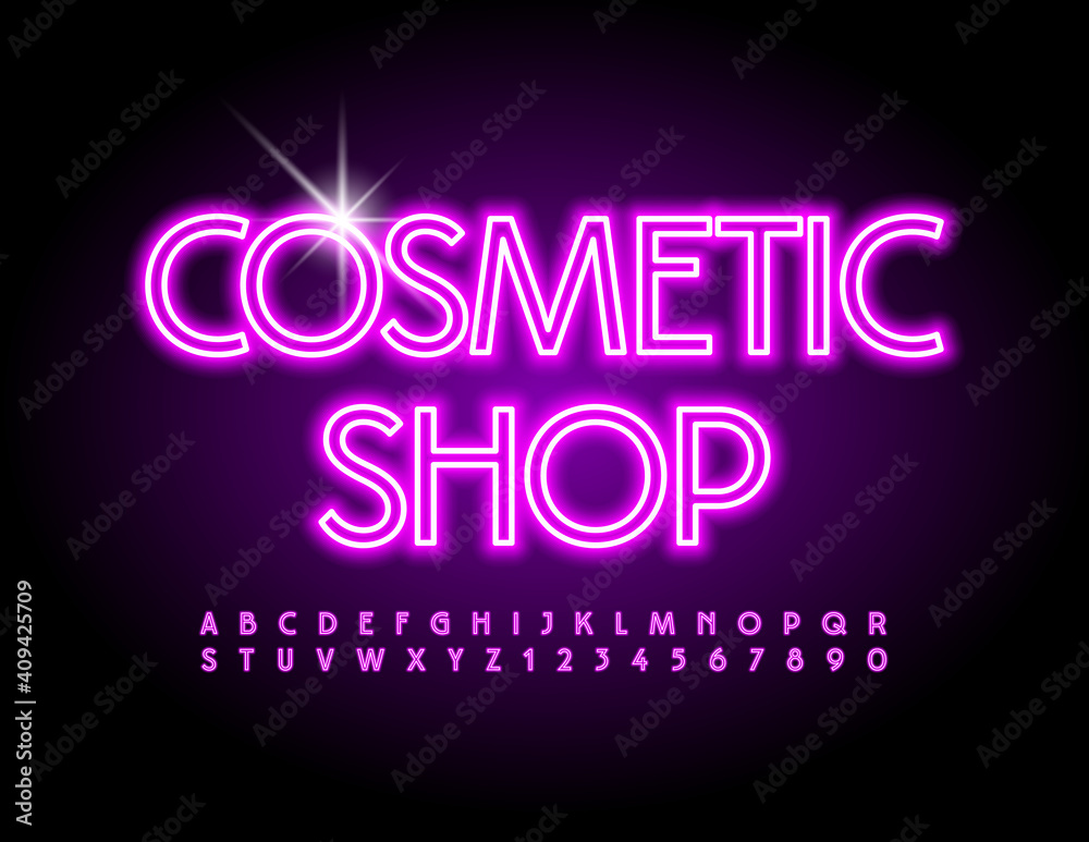 Vector neon sign Cosmetic Shop. Bright electric Font. Glowing light Alphabet Letters and Numbers set