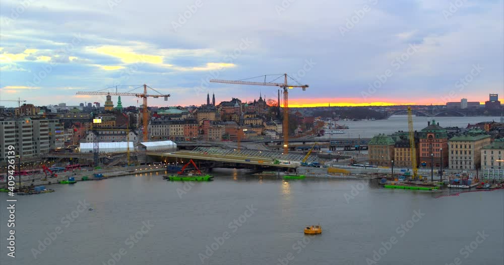 Construction of a new bridge in Slussen in central Stockholm during nightfall, Sweden