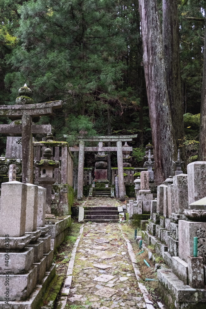 Mount Koya, Wakayama Prefecture / Japan, October 18 2020: Stone grave yard with stone torii in the woods at Koyasan