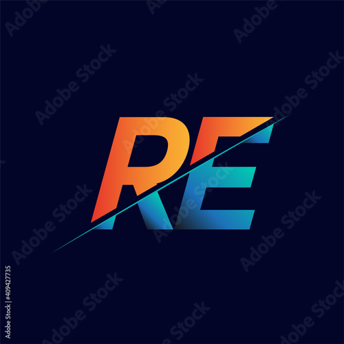 RE initial logo company name colored blue and orange, Simple and Modern Logo Design.