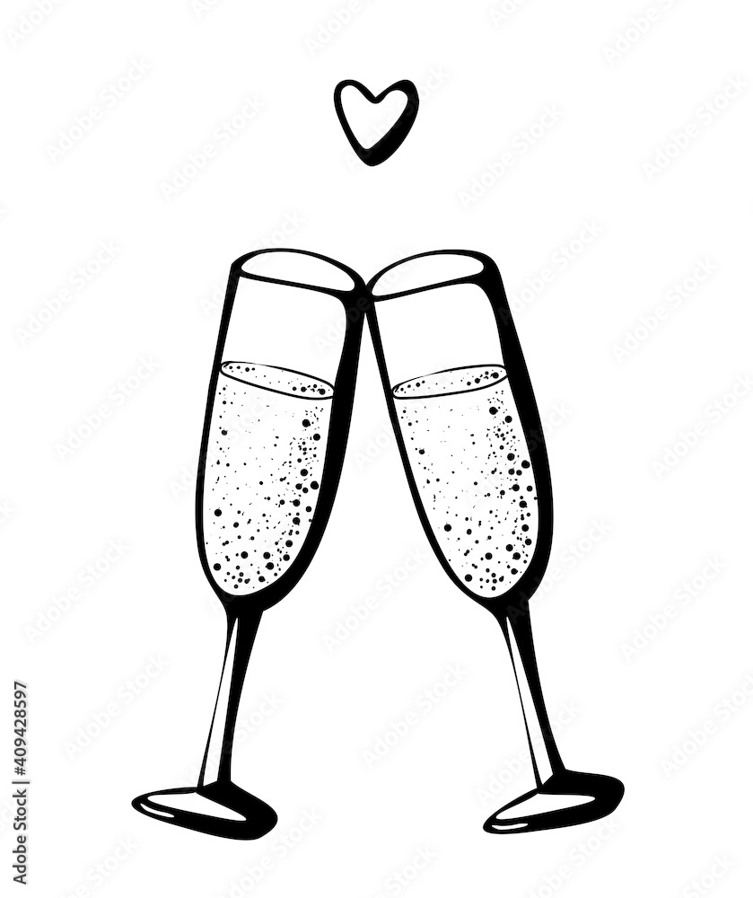 Vector doodle hand drawn sketch black illustration of two champagne