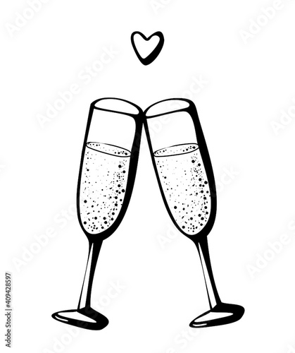 Vector doodle hand drawn sketch black illustration of two champagne glasses couple love drink cheers on white background