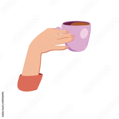 Vector illustration drinking coffee. Tea coffee break, mug, hands top view in a cafe. Female.