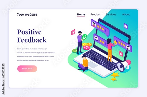 Isometric landing page design concept of Customer reviews concept, People giving stars rating, review and positive feedback. Customer Service and User Experience. vector illustration