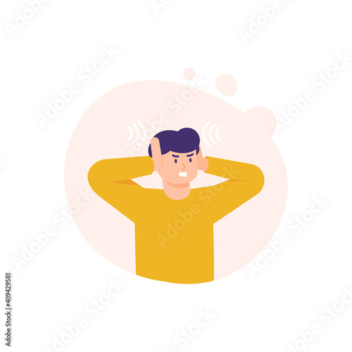a man covers his ears with his hands to avoid disturbance of sound. illustration of the expression of a person who feels uncomfortable or disturbed. flat style. vector design elements