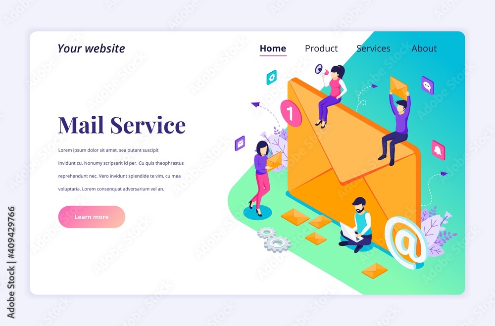 Isometric landing page design concept of Email marketing, mailing services with characters. vector illustration