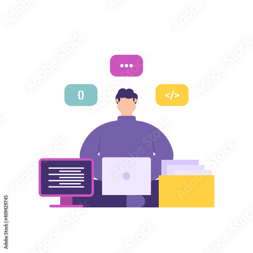 a concept of a programmer, full stack developer, application developer. illustration of a male employee at work using a laptop to program or code. flat style. vector design elements