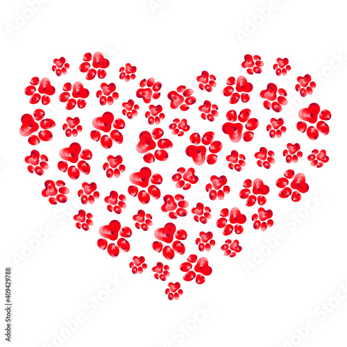 Heart silhouette with red paw prints on transparent background. Hand drawn vector illustration.