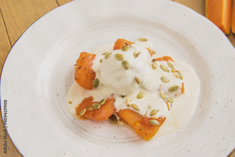 ice cream with caramelized pumpkin and pumpkin seeds ice cream with caramelized pumpkin and pumpkin seeds