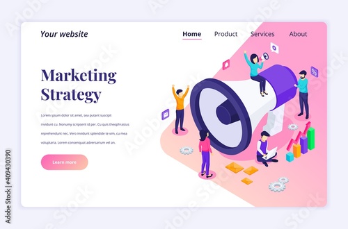 Isometric landing page design concept of Marketing strategy campaign, people holding and shout on the giant megaphone for promotion and sales program. vector illustration