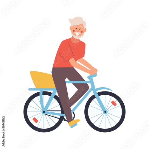 Grandfather character ride bike. Vector flat cartoon illustration