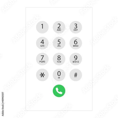 Smartphone dial keypad design. Keyboard template in touchscreen device. User Keypad with numbers and letters for phone. Keypad on smartphone screen. Mobile phone numbers panel. Vector illustration.