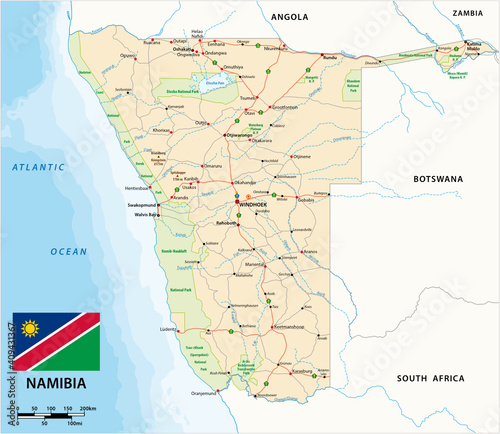 vector road map of Namibia with flag