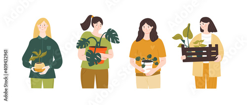 Young girls holding plants in pots. Urban jungle illustration. Home garden shopping concept. Set of different people.