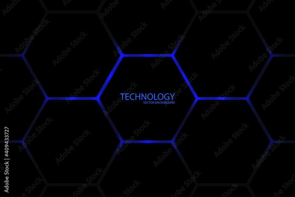 Dark hexagonal abstract background. Blue bright light under the hexagon. Dark honeycomb grid texture