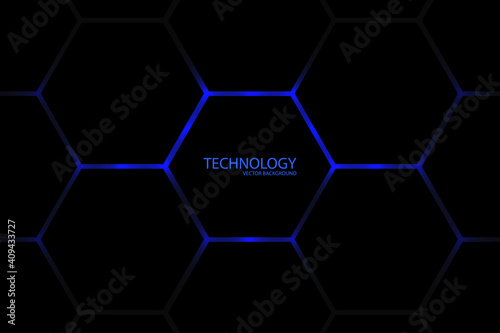 Dark hexagonal abstract background. Blue bright light under the hexagon. Dark honeycomb grid texture