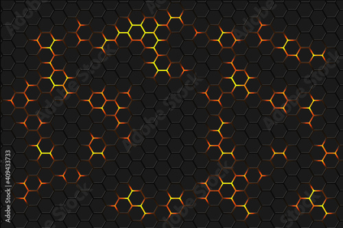 Hexagonal abstract background. Yellow bright light energy flashes under the hexagon. Dark honeycomb texture with bright flares.