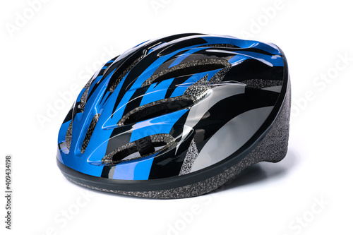 one bicycle helmet in blue-black color on a white isolated background
