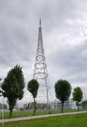 Metal cell phone tower in town