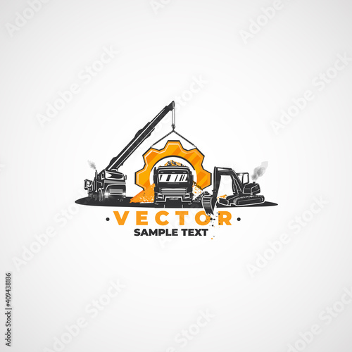 Construction crane, excavator and heavy truck.