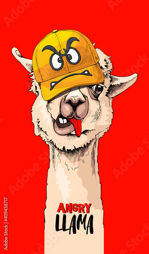 Funny poster. Llama in a cap with a angry smiley. Humor card, t-shirt composition, hand drawn style print. Vector illustration.