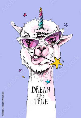 Fun Llama in a pink glasses, with a rainbow unicorn horn and with a star. Dream come true - lettering quote. Humor card, t-shirt composition, hand drawn style print. Vector illustration.
