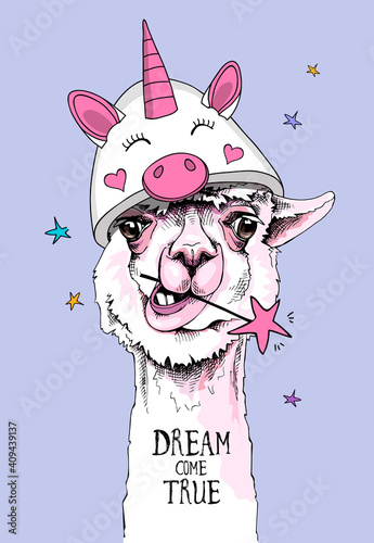Fun Llama in a unicorn hat and with a star. Dream come true - lettering quote. Humor card, t-shirt composition, hand drawn style print. Vector illustration.