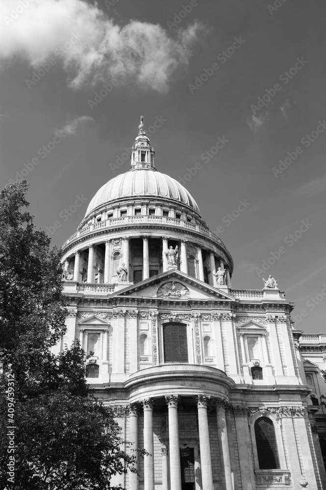 St Paul's Cathedral in London, UK. Black white historic photo.