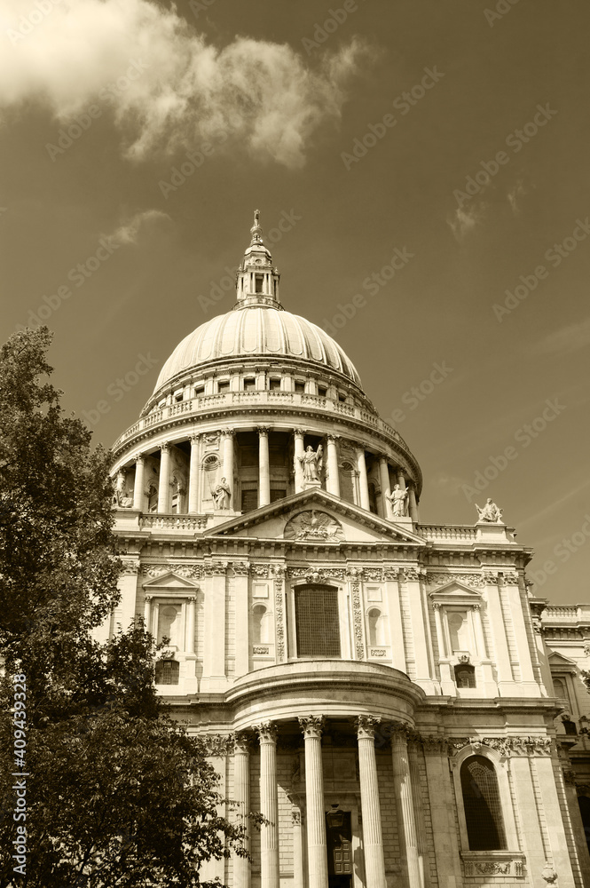 St Paul's Cathedral in London, UK. Sepia historic photo.