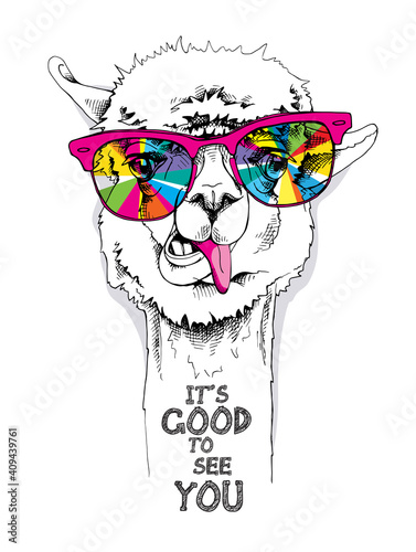 Funny poster. Portrait of a Llama in a rainbow glasses. It's good to see you - lettering quote. Humor card, t-shirt composition, hand drawn style print. Vector illustration.