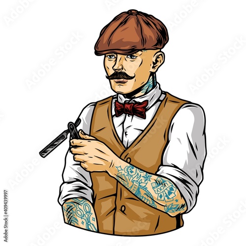 Tattooed mustached barber in irish cap