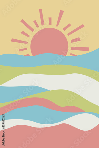 Geometric Abstract Contemporary background. Sun and hills, sunset. Boho wall decor. Design for baby shower invitations, cards, nursery room posters. Vector illustration in flat style.