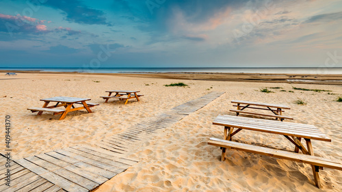 Relaxing point at sandy beach of the Baltic Sea in Jurmala, Latvia, Europe. C...