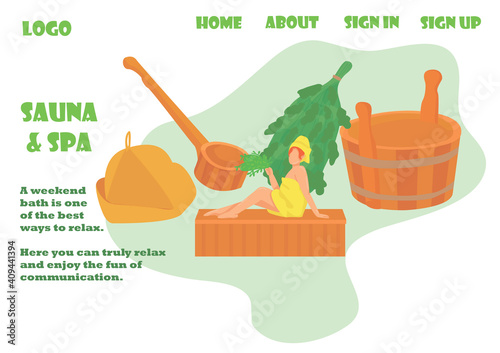 the landing page for the bath complex. sauna and spa web page. template. the girl sits with a broom in her hands in the steam room. bath accessories. Finnish bath. Russian bath. concept. vector flat.