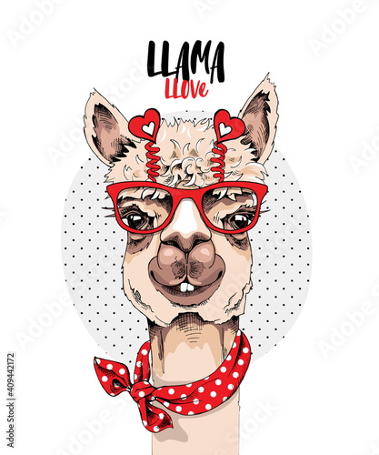 Funny poster. Portrait of Llama in a red glasses with a hearts and in a polka dots scarf. Llama llove - lettering quote. Humor card, t-shirt composition, hand drawn style print. Vector illustration.