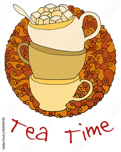 Illustration with the words Tea Time with three cups on an abstract background in colored Doodle style. Vector EPS 10