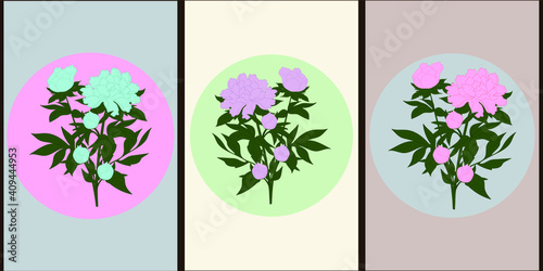 Collection of peony flowers posters in pastel colors. Abstract geometric elements, leaves and buds of peonies. Design for social networks, banners, backgrounds, cards, prints. 