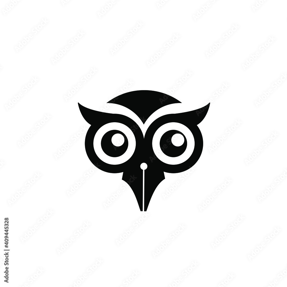 Owl pen, smart pen logo concept owl bird with fountain pen nib vector icon illustration design