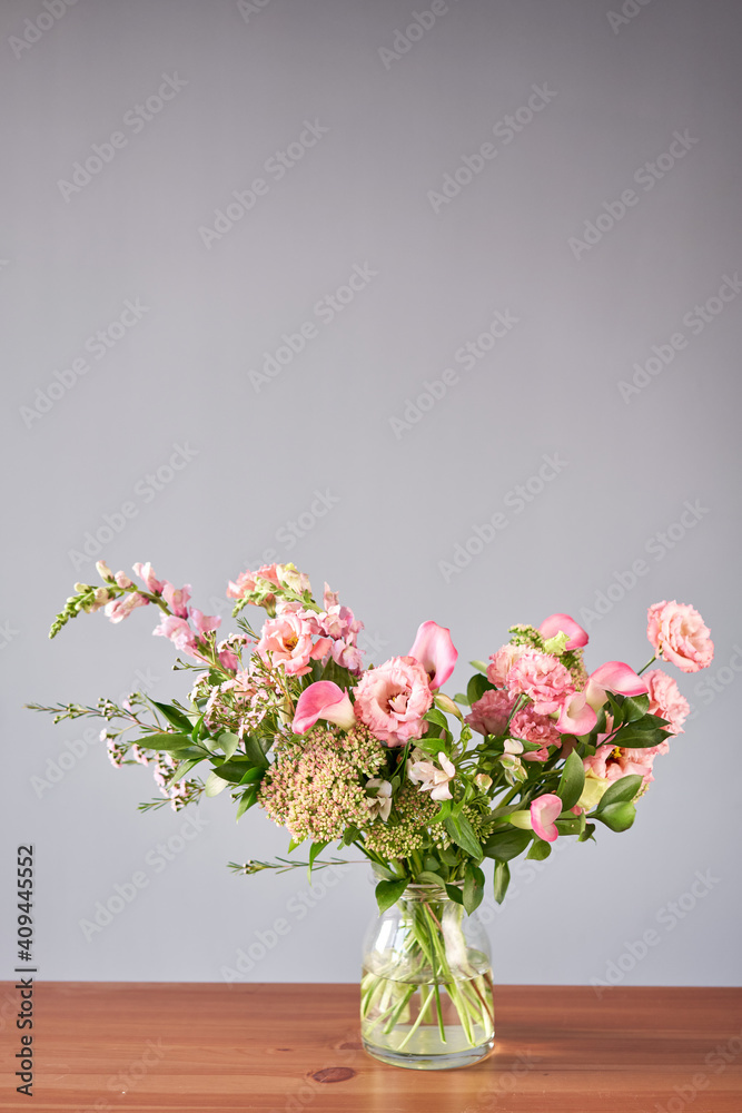 Bouquet 001. Finished flower arrangement in a vase for home. Flowers bunch, set for interior. Fresh cut flowers for decoration home. European floral shop. Delivery fresh cut flower.